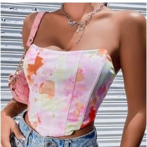 Shein Strapless Corset Pink Pastel Floral Watercolor Top Small